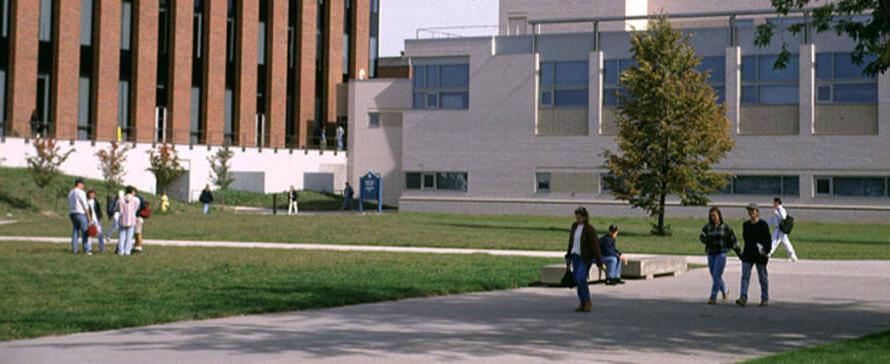 view of the school and students walking