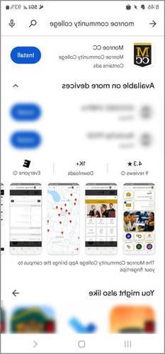 Screenshot of mobile phone screen showing the Android store after a search for Monroe Community College in a device app store.